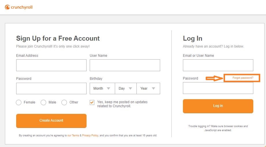 Crunchyroll Login reset password 1